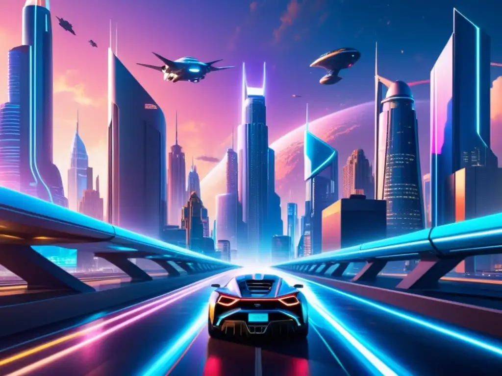 Metrópolis Futurista: Luces de Neón y Portales Energéticos Vista hiperrealista de una ciudad futurista en la expansión del universo de Fringe, con rascacielos, vehículos y luces de neón