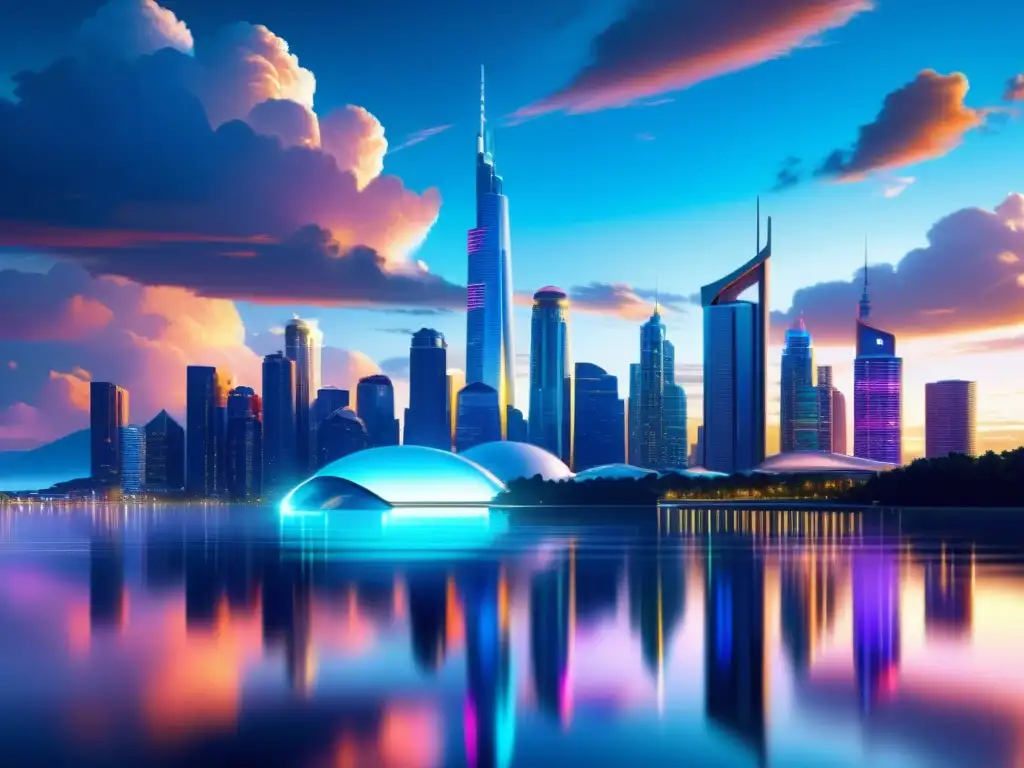 Metrópolis futurista: luces de neón sobre lago artificial Vista impresionante de una ciudad futurista con rascacielos metálicos y avanzados sistemas de transporte, reflejados en un lago artificial