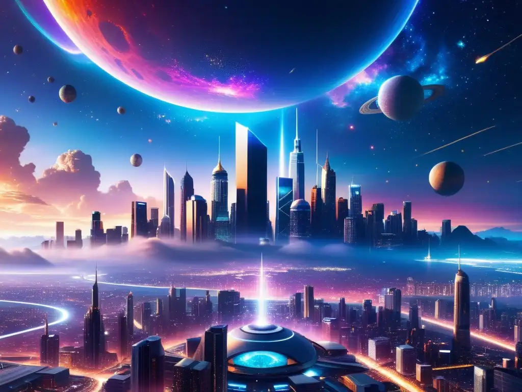 Espectacular ciudad futurista en 8k: luces, energía y nebulosa Vista impresionante de una ciudad futurista con geometría cíclica conforme multiverso