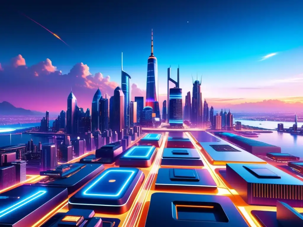 Metrópolis futurista: 8k de rascacielos, luces neón y naves espaciales Vista impresionante de una ciudad futurista con rascacielos relucientes y tecnología avanzada, evocando el impacto de Una arruga en el tiempo