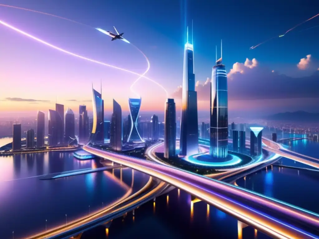 Metrópolis Futurista: Rascacielos y Vehículos en Neon Vista impresionante de una ciudad futurista con rascacielos metálicos y puentes translúcidos, evocando la teoría unificada viajes interdimensionales