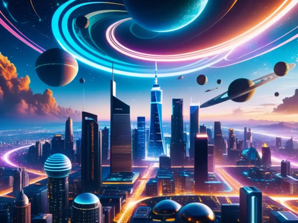 Universos Paralelos: Ciudad Futurista y Galaxias Vista impresionante de principios astrofísicos en universos paralelos en una ciudad futurista iluminada por luces de neón