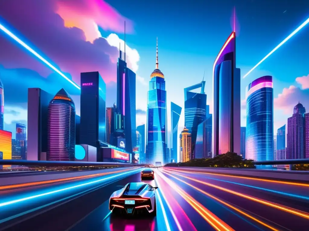 Vista nocturna de una ciudad futurista con rascacielos iluminados y hologramas, reflejando la manipulación del tiempo y el espacio en videojuegos