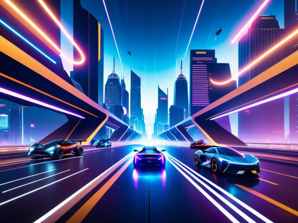 Metrópolis futurista: intriga y tecnología avanzada Vista nocturna de ciudad futurista con rascacielos iluminados y autos voladores