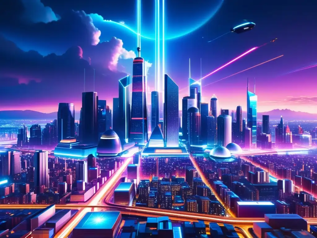 Futurista ciudad nocturna con luces neón y hologramas Vista nocturna de una ciudad futurista con luces de neón y holografías, en un ambiente cyberpunk y utópico