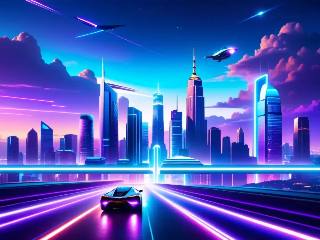 Metrópolis futurista: luces neón sobre la ciudad Vista nocturna de una ciudad futurista y surrealista, con rascacielos iluminados por neón y tecnología avanzada