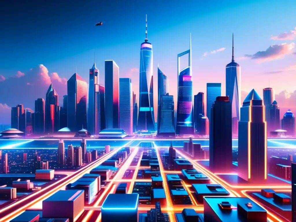 Vista nocturna de una futurista ciudad iluminada por luces de neón, hologramas y vehículos voladores