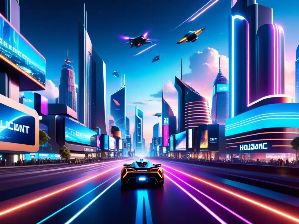 Metrópolis futurista: ciudad nocturna en 8k Vista nocturna futurista de una ciudad con rascacielos iluminados por luces de neón y hologramas
