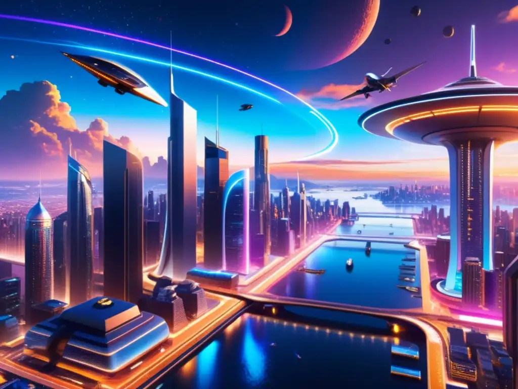 Metrópolis futurista: luces neón y portales interdimensionales Vista nocturna de una futurista metrópolis con rascacielos y vehículos voladores, bañada en luces de neón, y un portal interdimensional