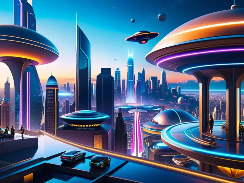 Metrópolis futurista en el multiverso: paisaje urbano y naves espaciales Vista panorámica de una bulliciosa metrópolis en la singularidad del ser multiversal, con rascacielos futuristas y sistemas de transporte avanzados