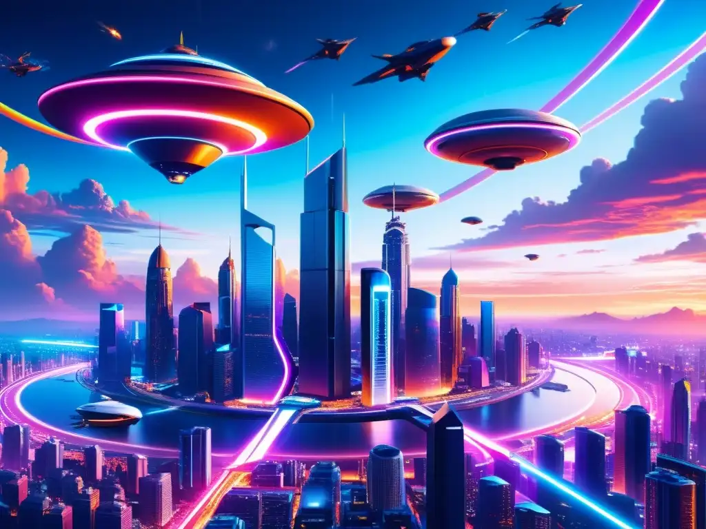 Metrópolis futurista: luces neón y cielos surrealistas Vista panorámica de una ciudad futurista con rascacielos, luces de neón y vehículos voladores, en un cielo surrealista