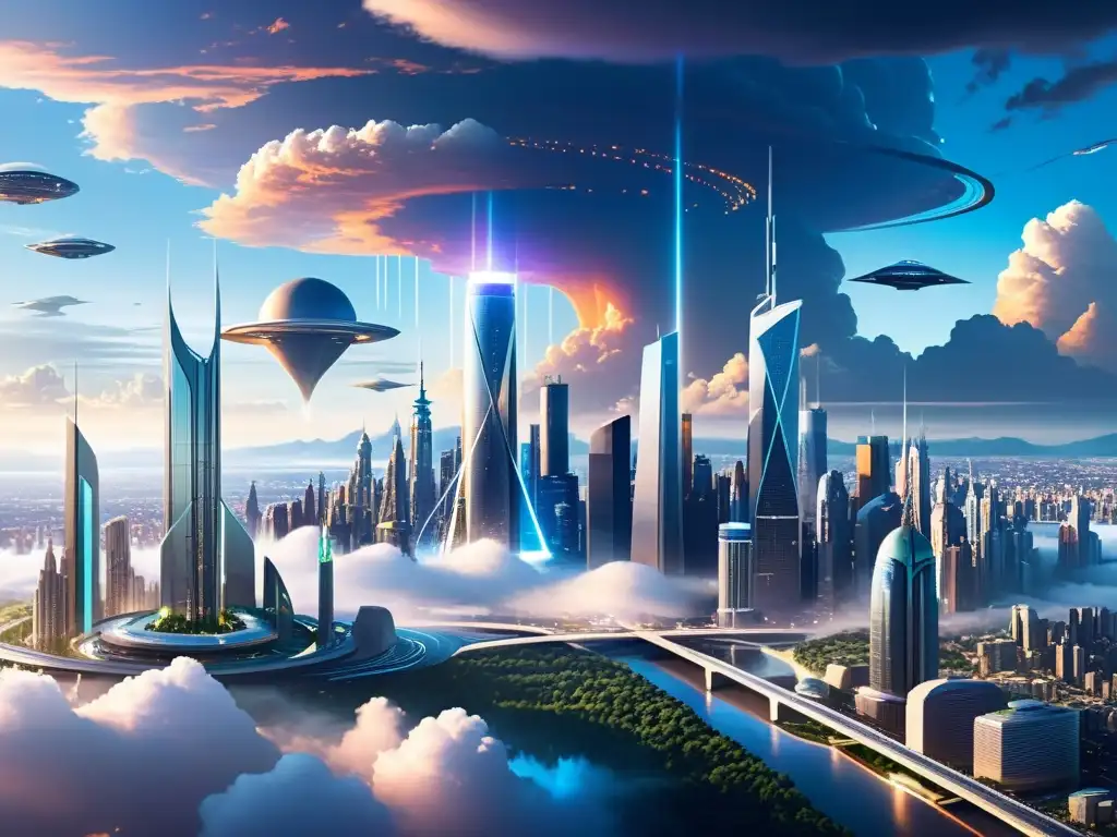 Vista panorámica de una ciudad futurista con rascacielos relucientes, vehículos voladores y redes de energía luminiscente, evocando la Teoría de Cuerdas Realidades Alternativas