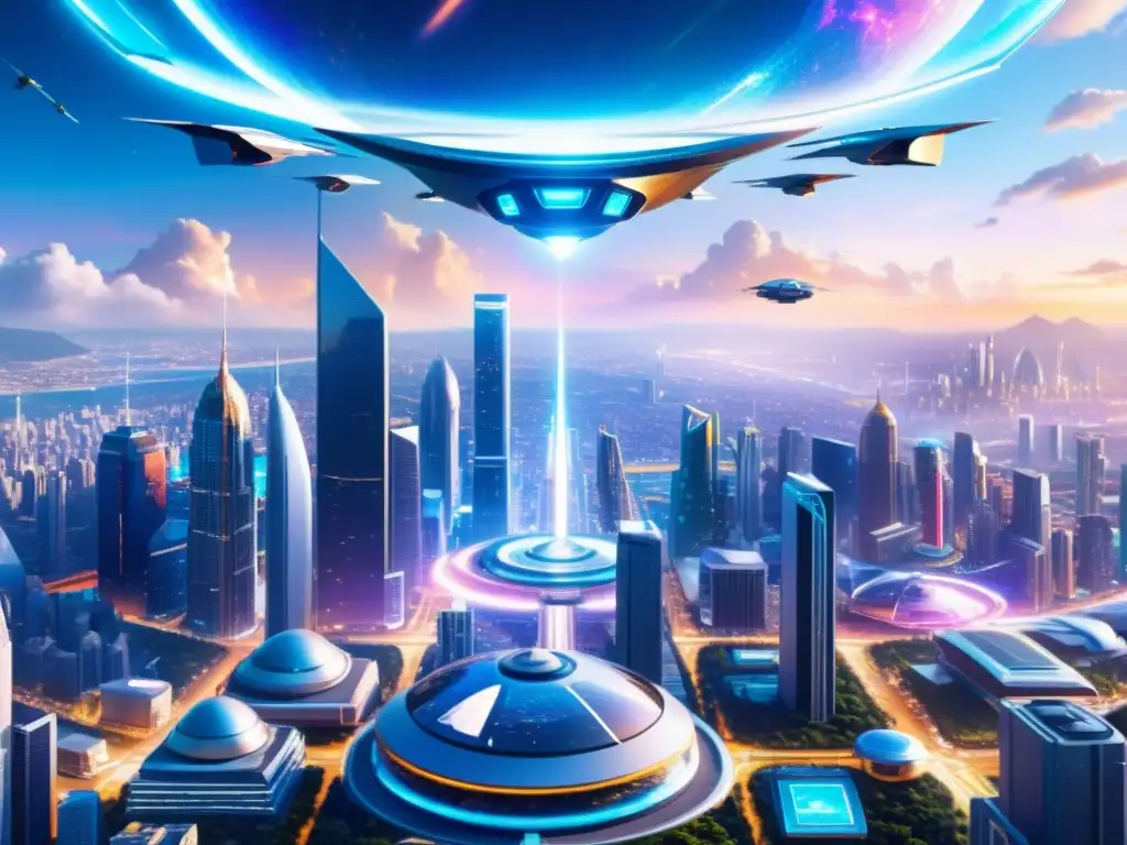 Metrópolis Futurista: Maravilla en Paralelo Vista panorámica de una metrópolis futurista en Universos Paralelos en His Dark Materials, con rascacielos, vehículos voladores y paisaje surrealista