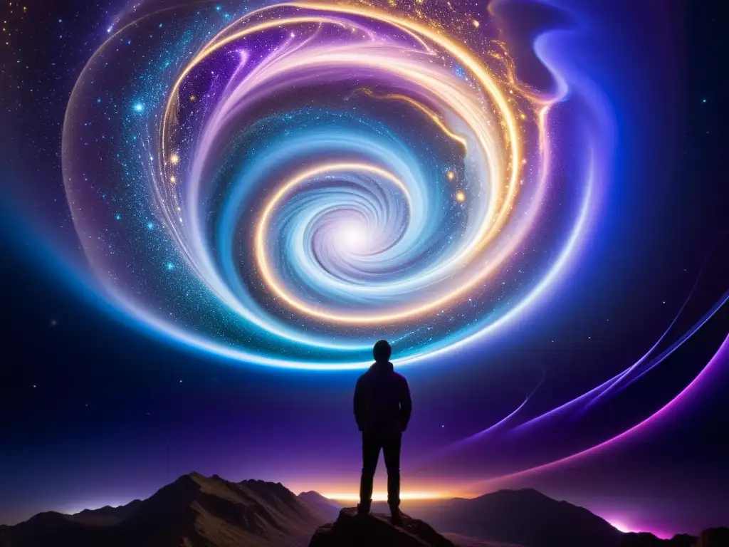 Dimensión cósmica: Vórtices energéticos y luces enigmáticas Una representación vívida de un paisaje cósmico multidimensional, con energía en remolinos, cuerdas de luz y cuerpos celestes suspendidos en una atmósfera surrealista