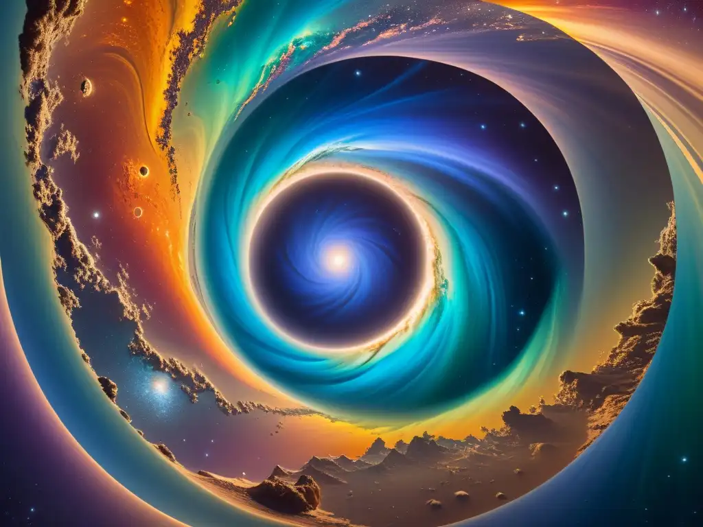 Vórtice cósmico: Universos paralelos en armonía Vórtice iridiscente en el espacio revela universos paralelos en armonía