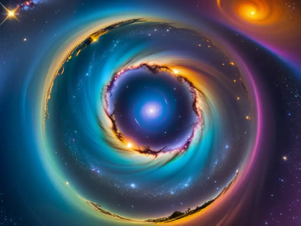 Vórtice cósmico multidimensional: universos entrelazados Un vórtice multidimensional en el cosmos, con universos superpuestos, colores vibrantes y una luz etérea